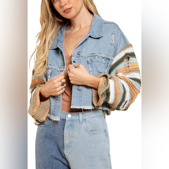 064. POL Distressed Oversized Crop Denim Ripped Stripe Crochet Sleeve Jacket - Picture 8 of 14